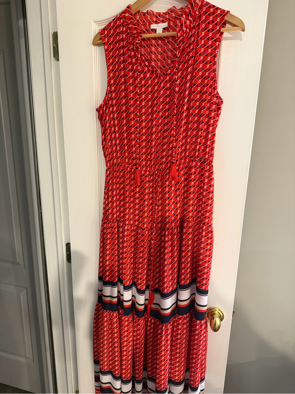 Charter Club Red Sleeveless Geometric Maxi Dress with Navy & White Stripes